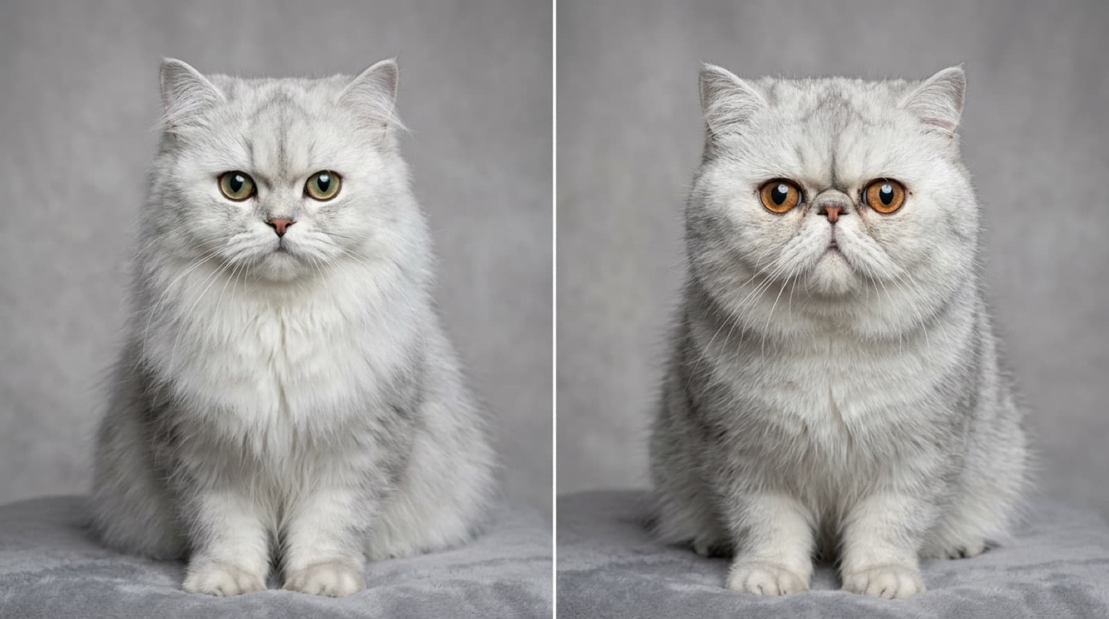 Side-by-side Doll Face Traditional Persian with visible nose and Peke Face Modern Persian with flat face, both long-haired with copper eyes, in a Calgary home