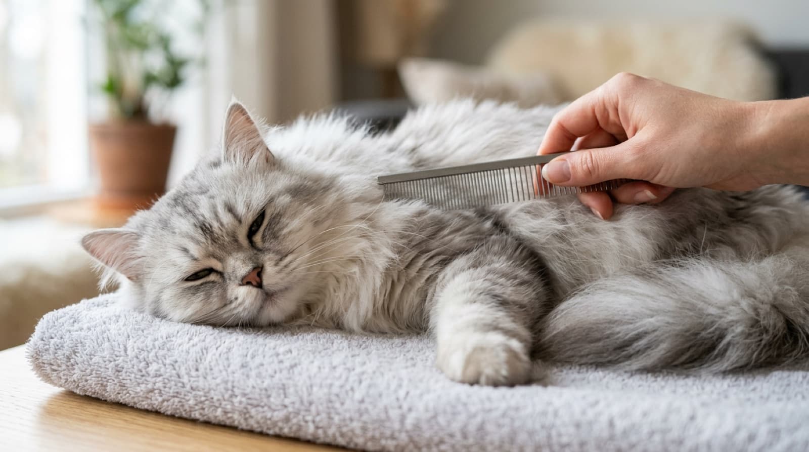 A long-haired Persian cat being gently brushed with a metal greyhound comb on a Calgary living-room sofa, illustrating the daily 10-to-15 minute grooming routine the breed requires