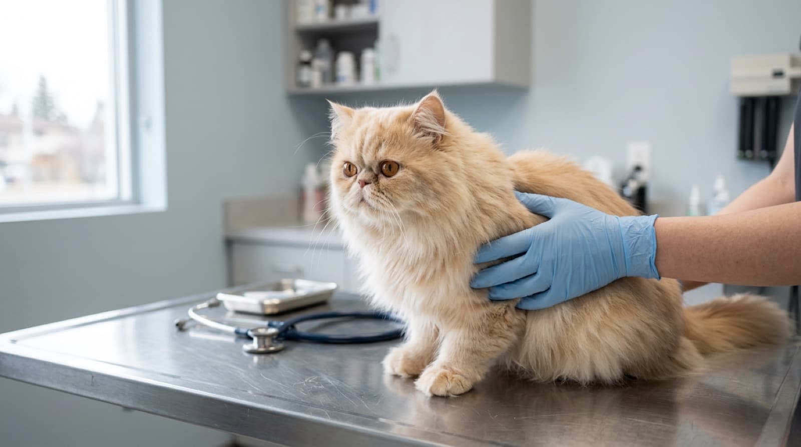 A healthy adult Persian cat with a silver coat and round copper eyes being examined by a veterinarian during an annual wellness check at a Calgary veterinary clinic, with daily eye care routine equipment visible on the exam table