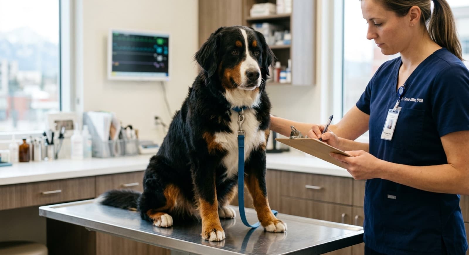A Bernese Mountain Dog owner reviewing pet insurance quotes and breed health documents at a Calgary kitchen table