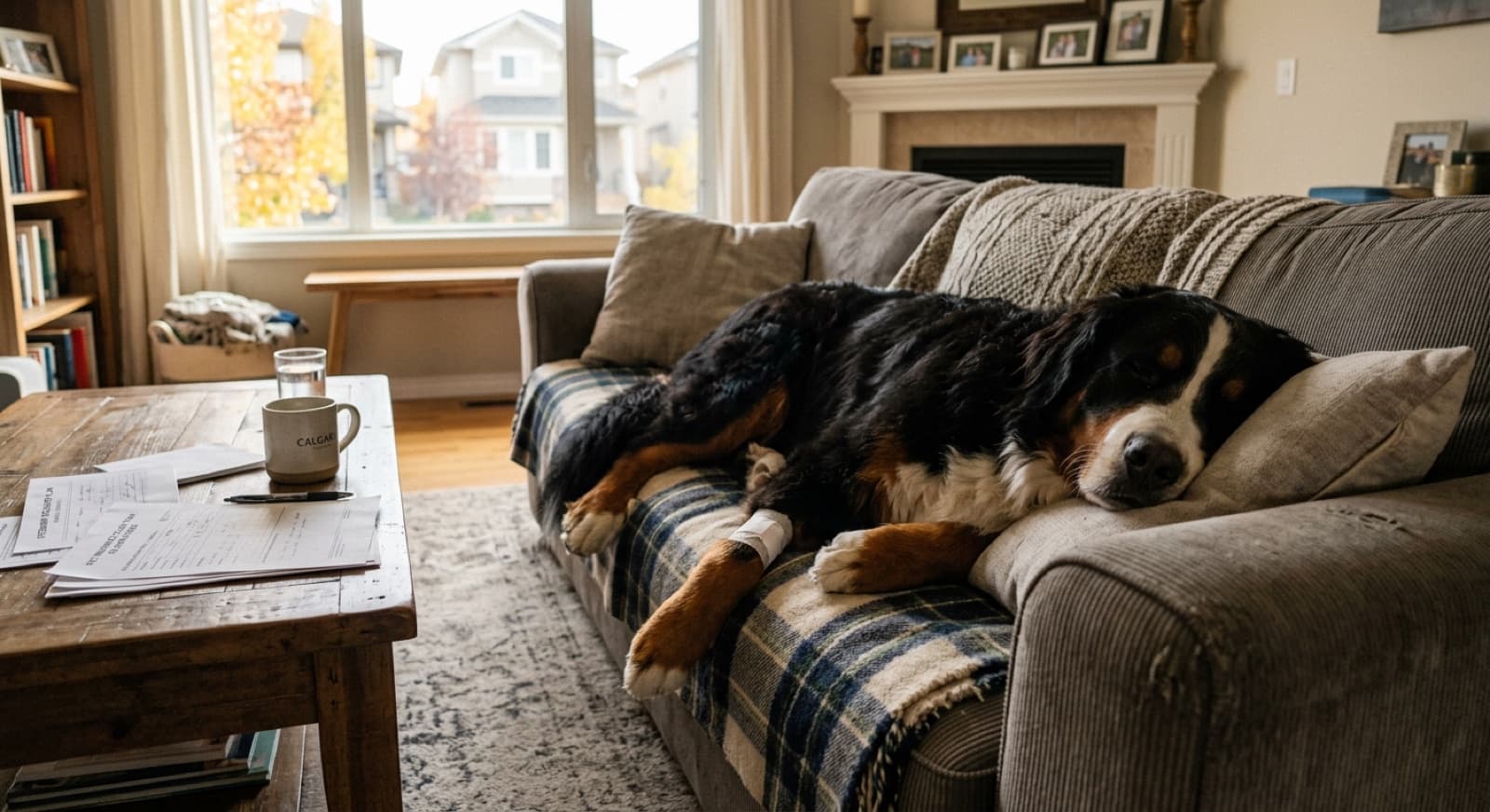 Tri-color Bernese Mountain Dog recovers on a Calgary living-room couch after a vet visit with paperwork nearby