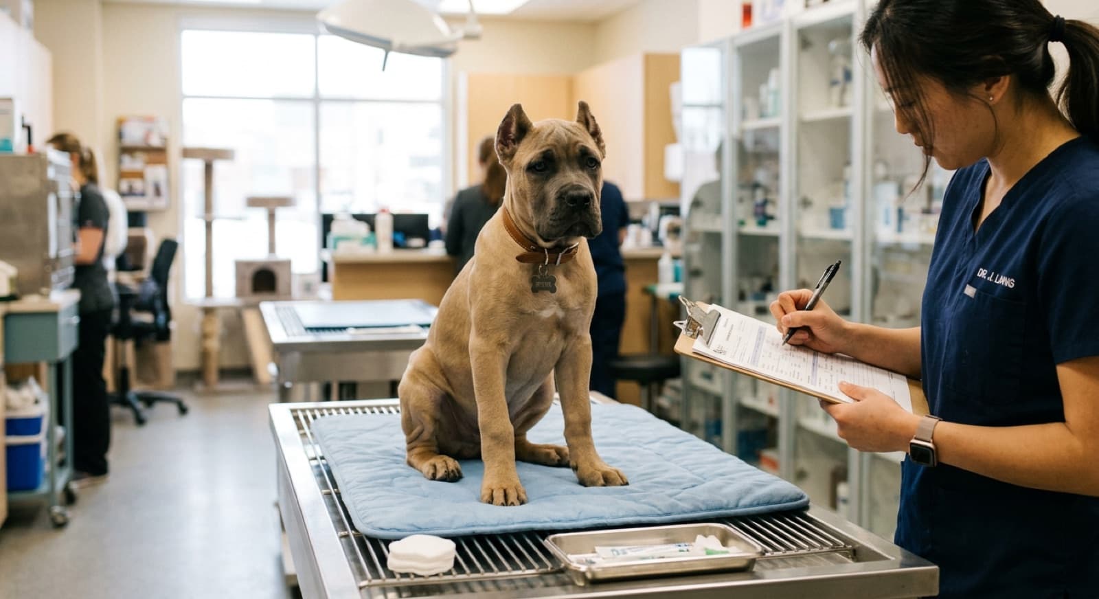 A Cane Corso owner reviewing pet insurance plan documents at a Calgary kitchen table