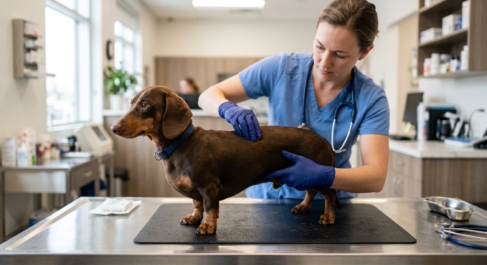 A Dachshund owner comparing Calgary pet insurance plans for IVDD coverage at a kitchen table