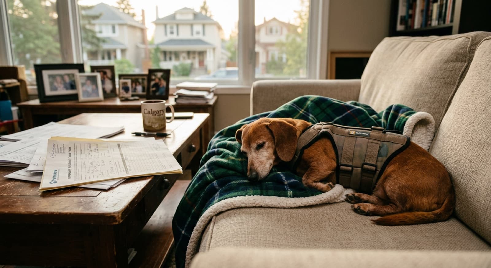A Dachshund recovering from IVDD treatment with crate rest at a Calgary home, illustrating where pet insurance pays off