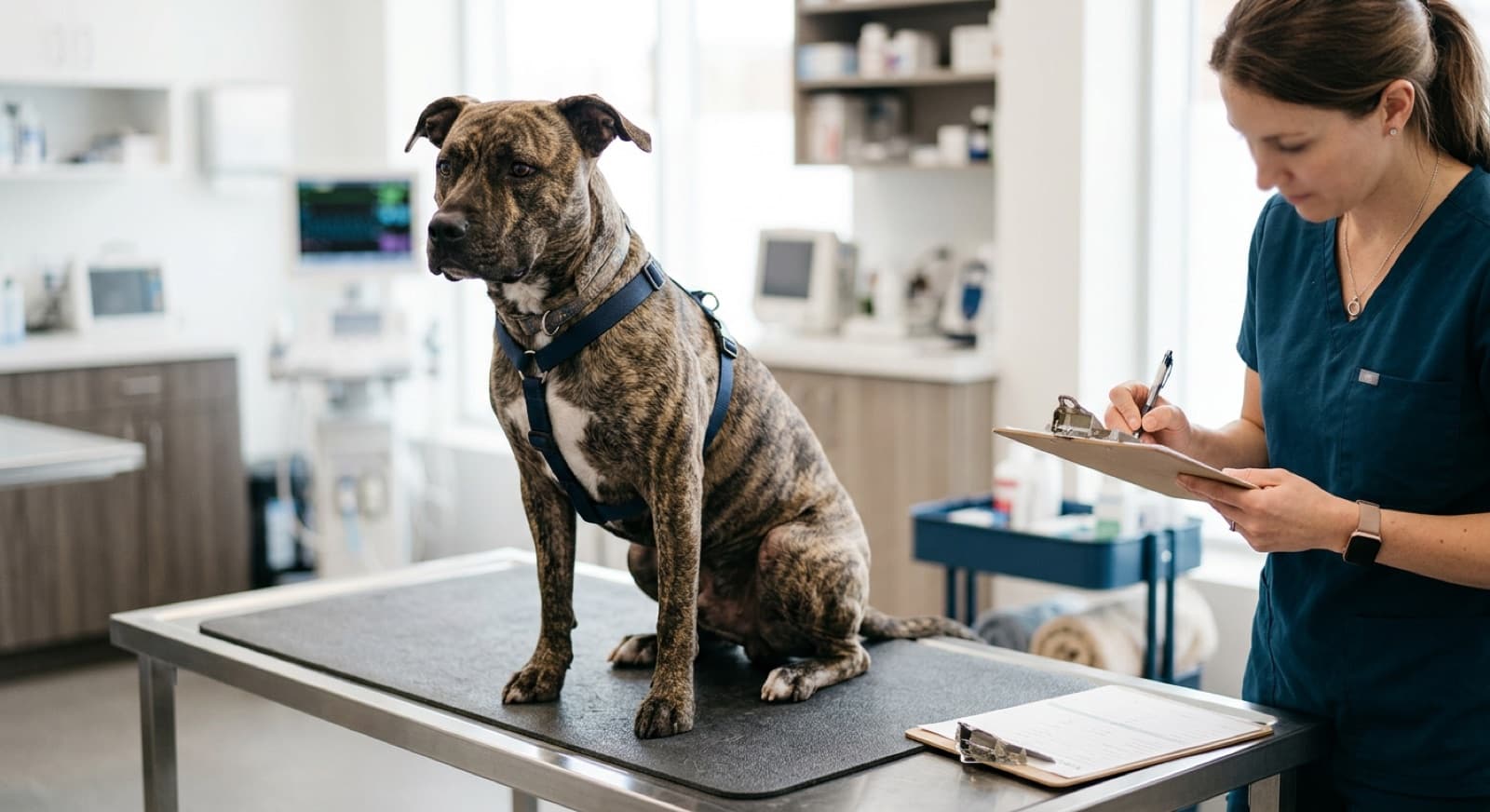 A Calgary Pit Bull owner reviewing pet health insurance plan comparison documents at a kitchen table