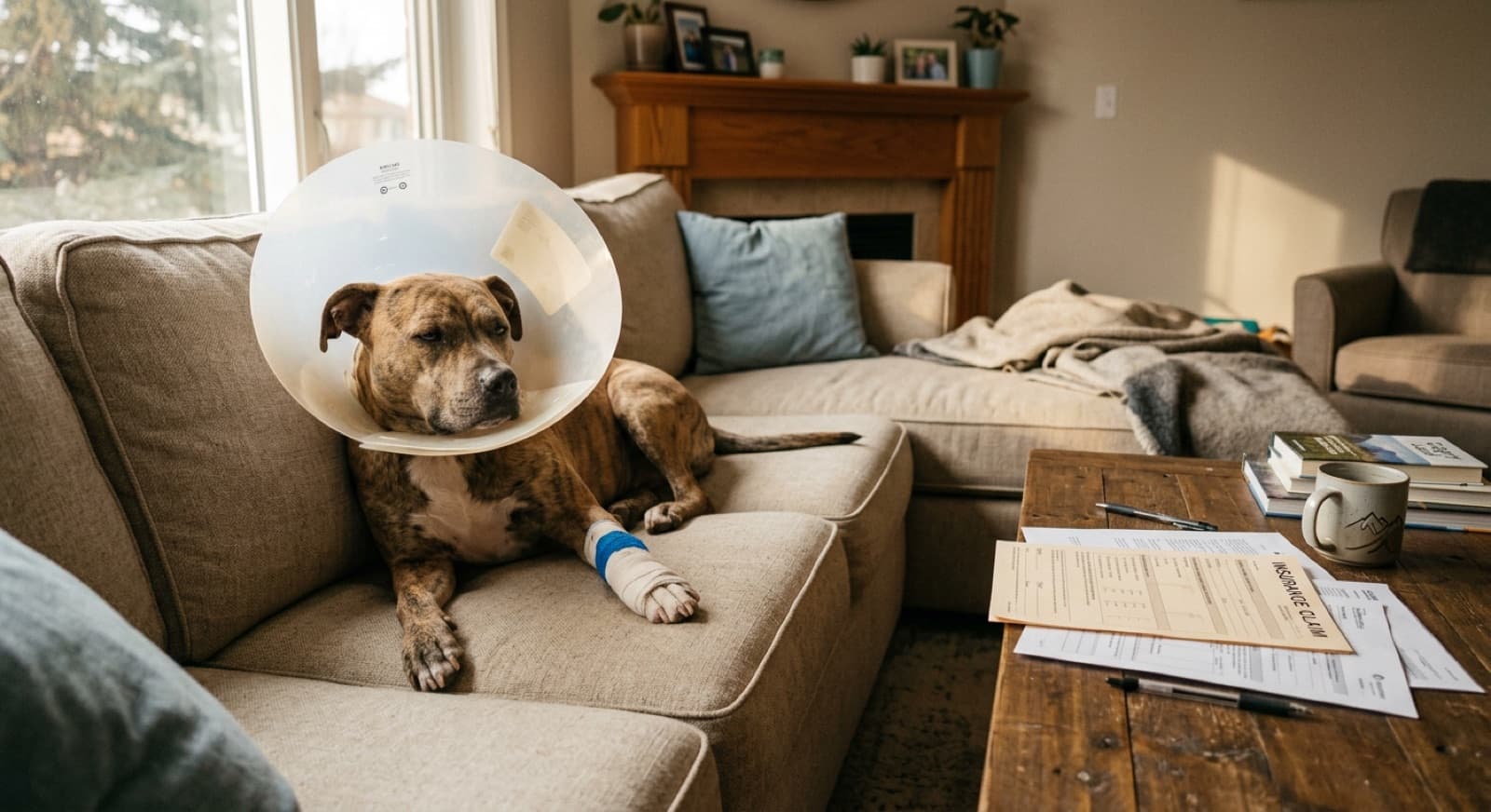 Tan Pit Bull recovers on a Calgary living-room couch with a cone of shame after a vet visit