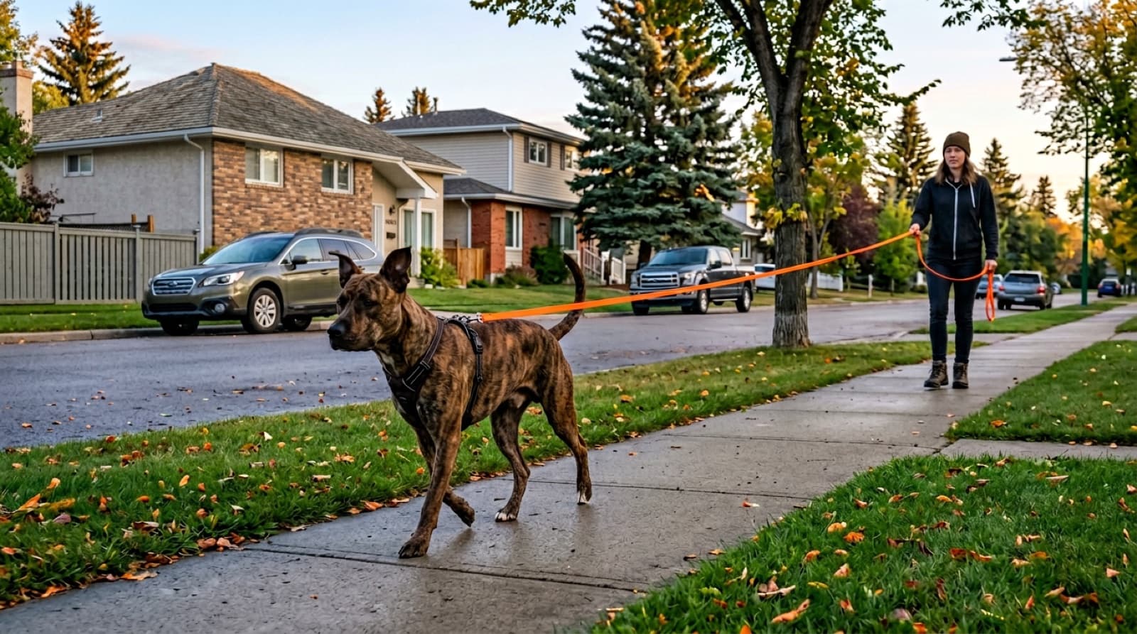 An adolescent brindle Pit Bull mix on a biothane long-line walking with its owner on an Edmonton residential street, ear set forward but posture relaxed, illustrating sub-threshold leash management during the 12 to 18 month adolescent phase