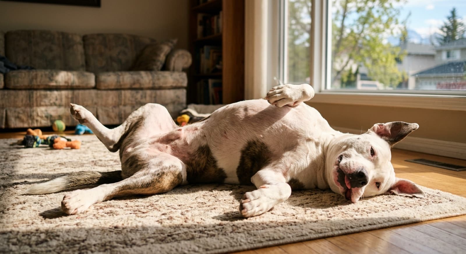 Pit Bull belly-up and fully relaxed on a sunny Calgary living-room rug, weeks after rescue adoption