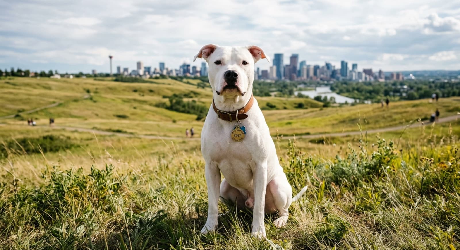 An adult Pit Bull-type dog walking on-leash with its owner on a Calgary pathway, showing the breed-neutral responsible-ownership approach in Calgary