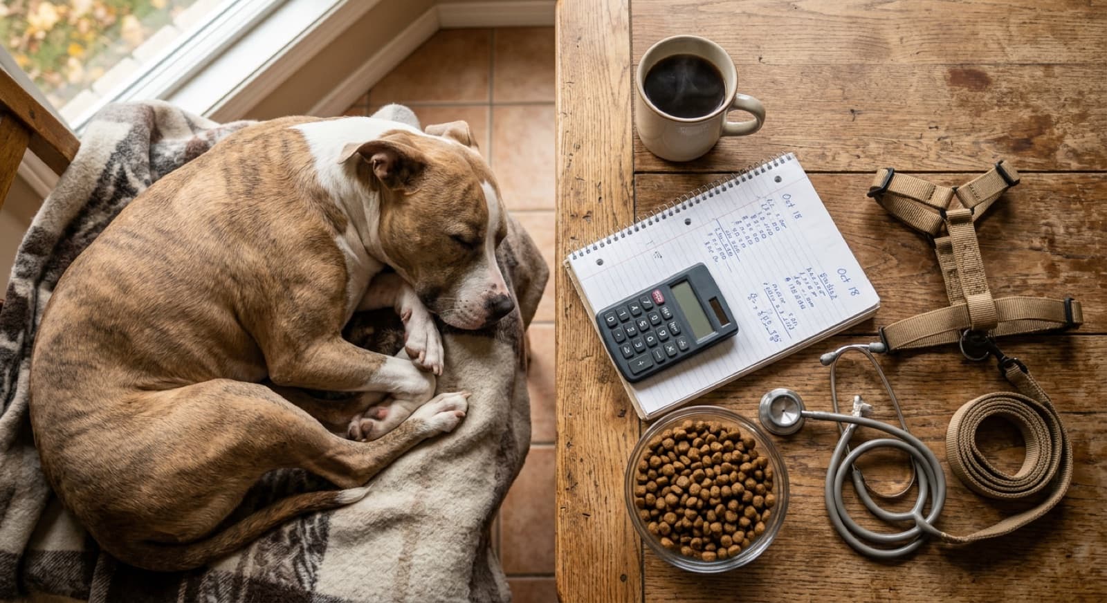 A Pit Bull sitting beside a Calgary kitchen table with vet bills, insurance paperwork, and a budget notebook, representing honest cost planning for the breed