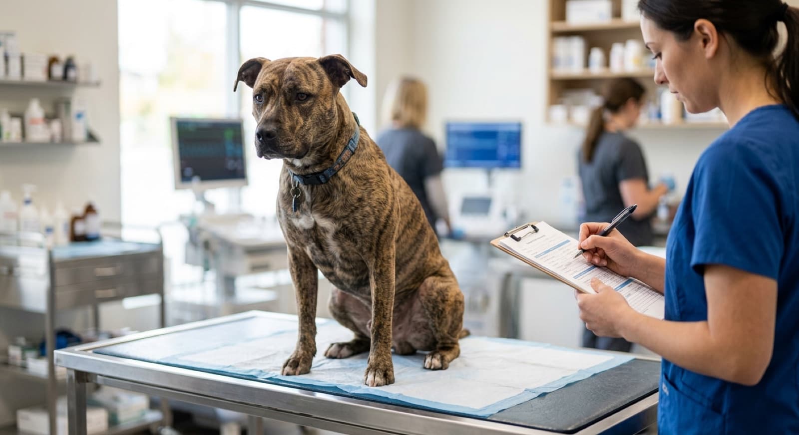 Calgary veterinarian examines a tan Pit Bull's ear during a routine appointment
