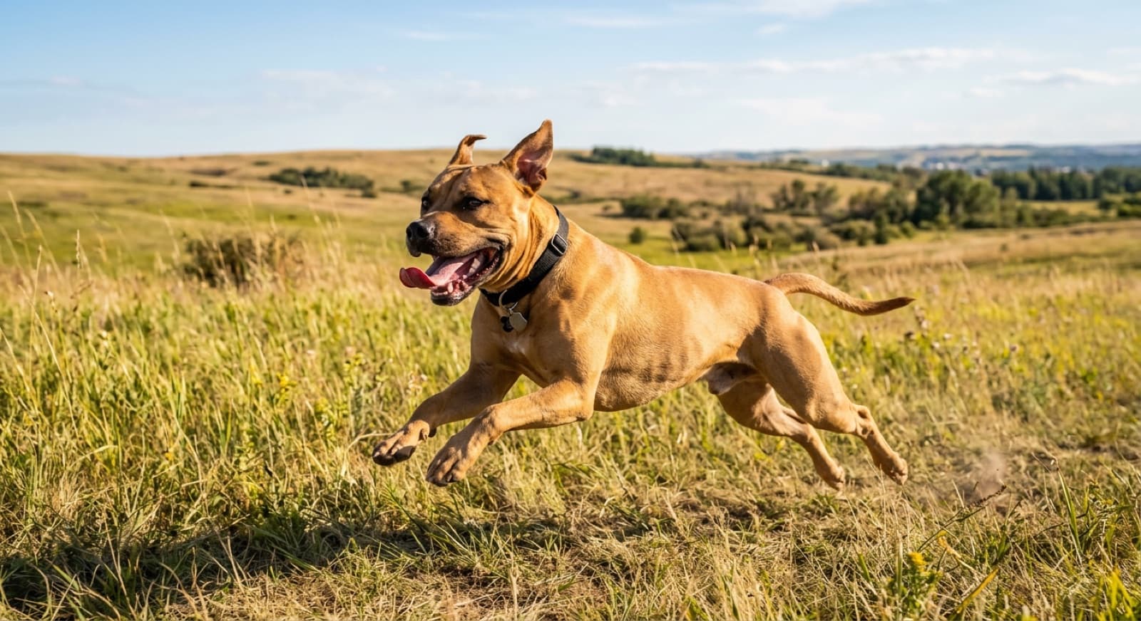 A muscular adult Pit Bull mix running on a fenced Calgary off-leash field, illustrating the athletic exercise needs of bully breeds