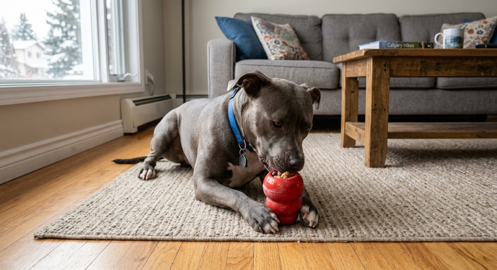 Blue-grey Pit Bull works a frozen Kong-style puzzle toy on a Calgary living-room floor