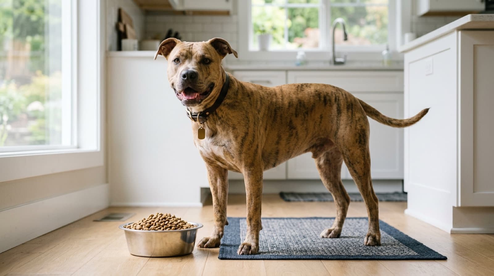 Muscular pit bull standing beside a bowl of kibble in a bright home kitchen