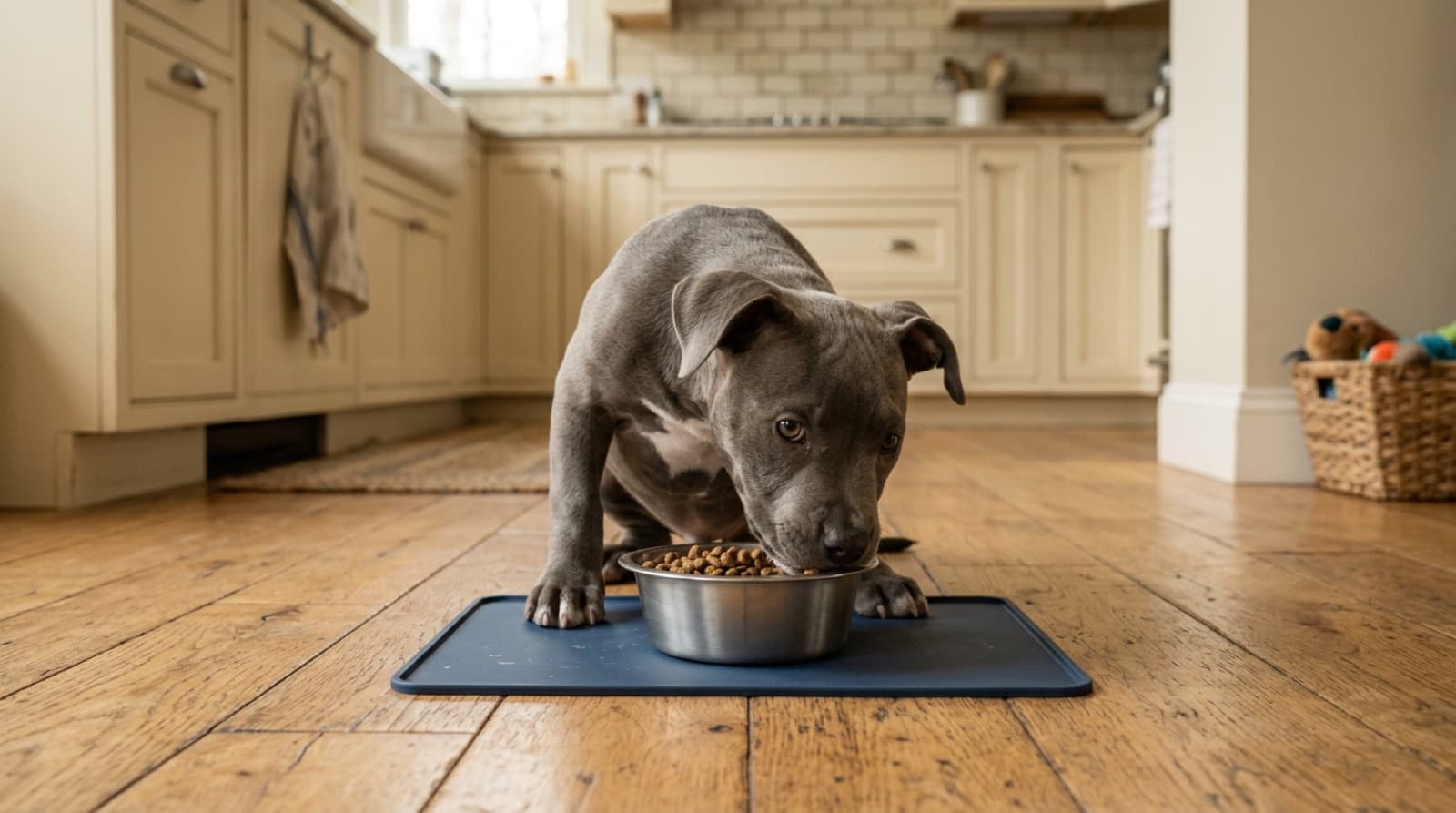 Pit bull puppy eating from a stainless steel bowl on a home kitchen floor
