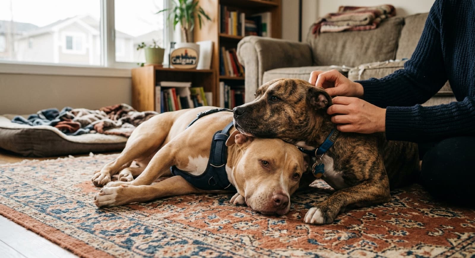 Two Pit Bulls relax together in a Calgary foster home as a hand offers treats