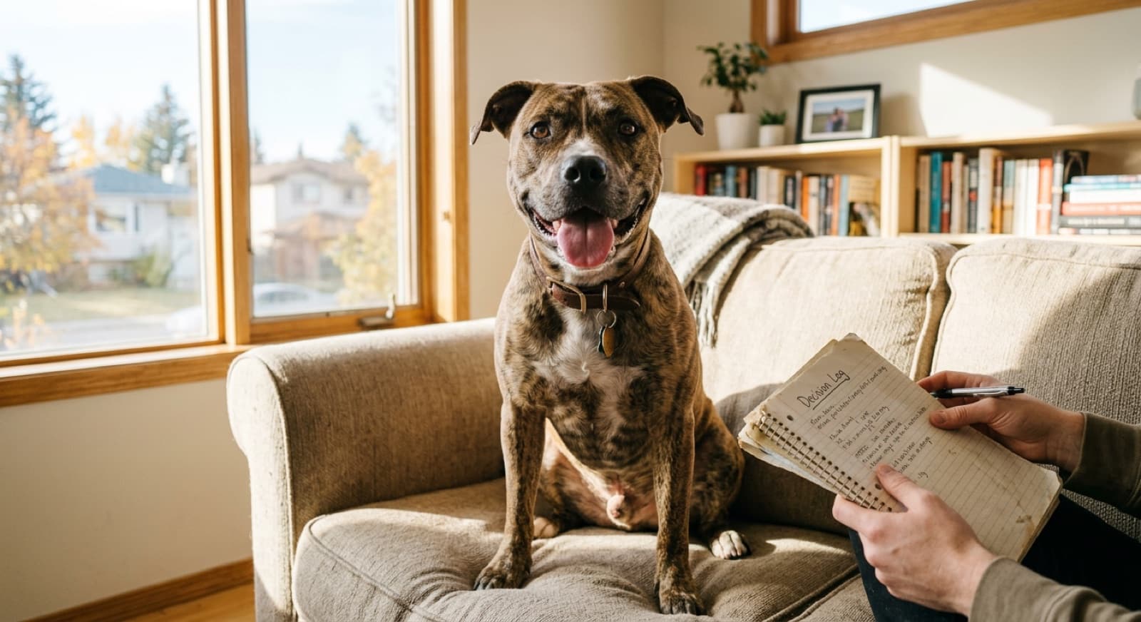An adult Pit Bull type dog sitting calmly beside its owner on a Calgary off-leash trail, showing the breed's affectionate companion temperament