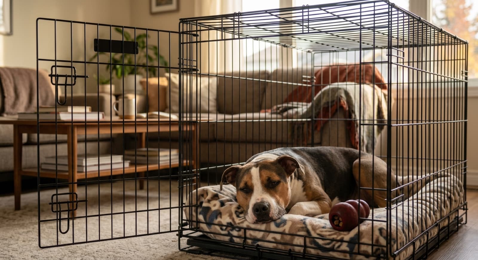 Pit Bull rests peacefully inside an open wire crate on a fleece bed with a stuffed Kong nearby
