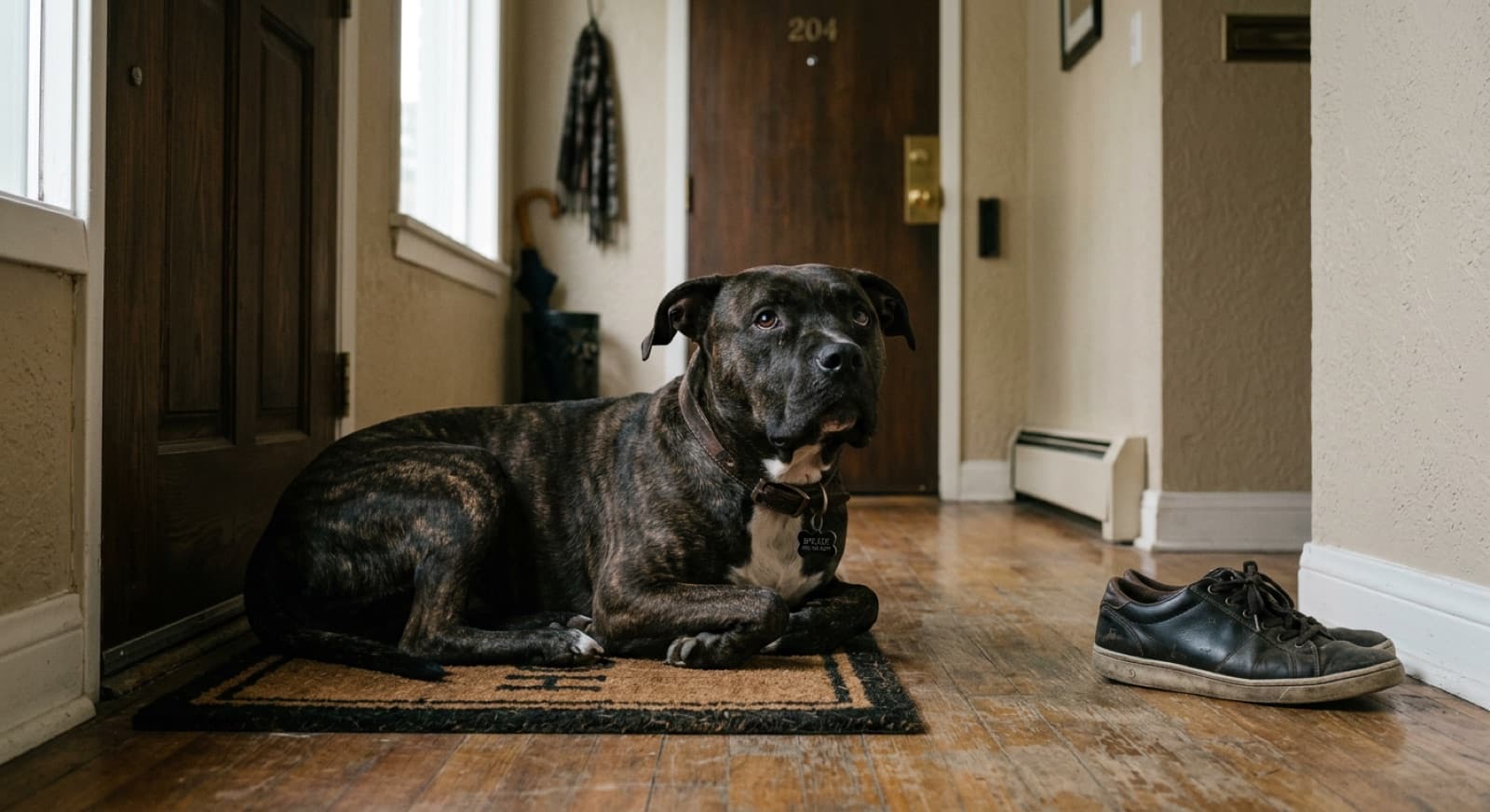 A Pit Bull resting calmly on a dog bed with a frozen Kong, showing the goal state for separation anxiety desensitization training
