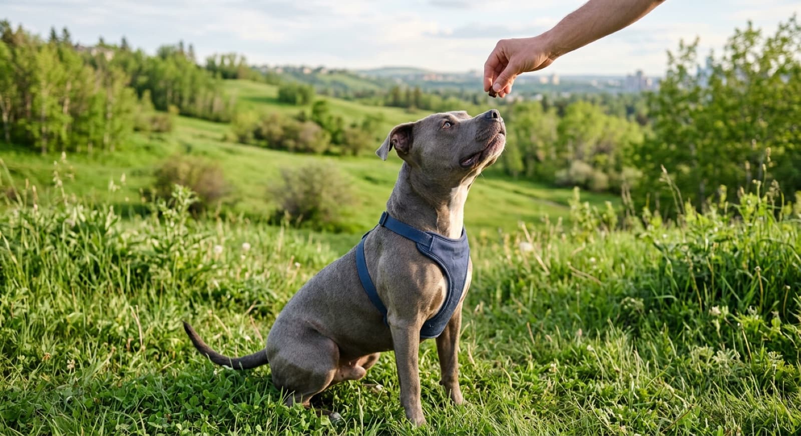 A Pit Bull in a focused training position with a Calgary force-free trainer using high-value treats and a front-clip harness