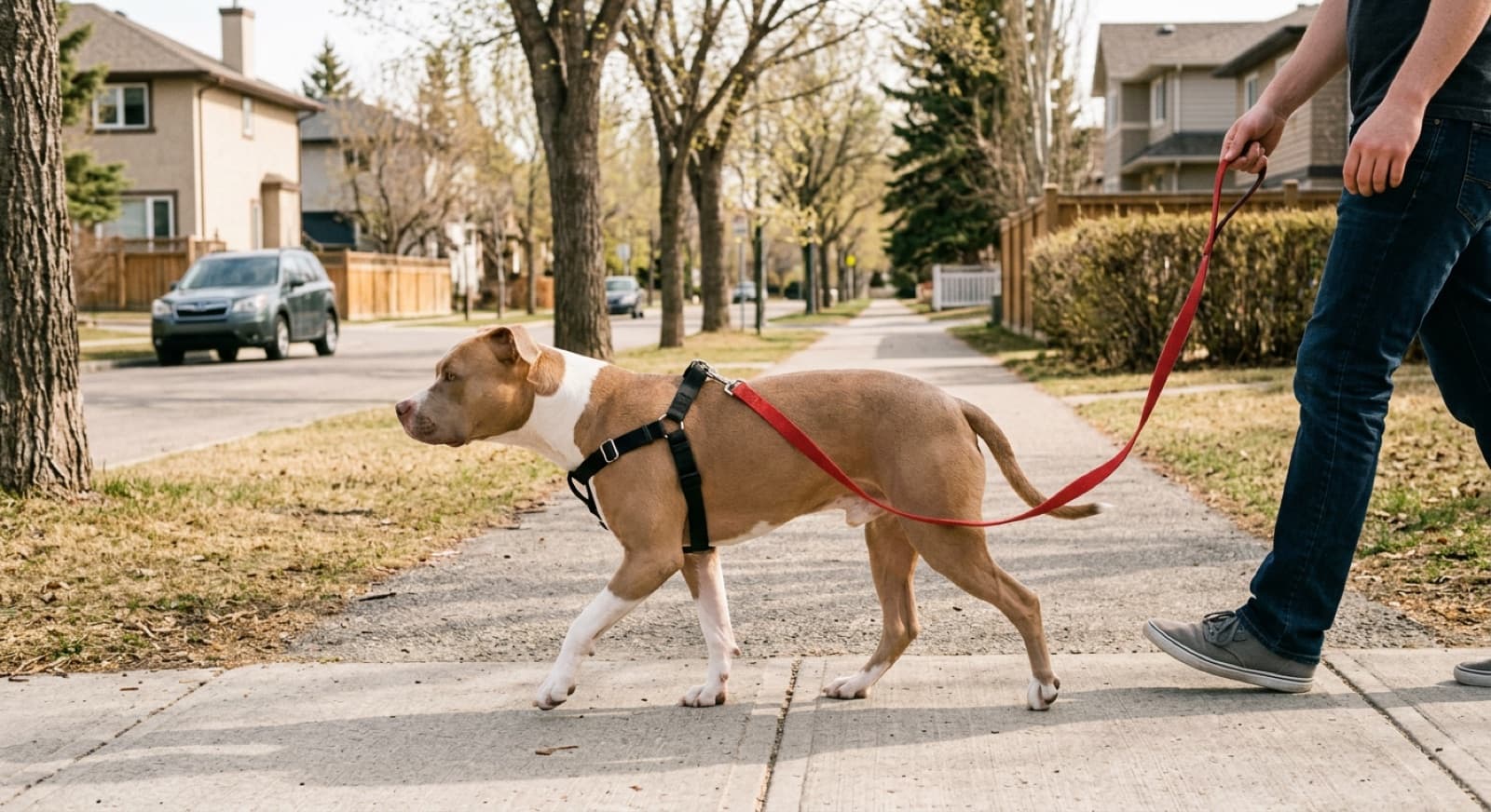 Pit Bull walks calmly beside a person on a Calgary sidewalk wearing a front-clip no-pull harness