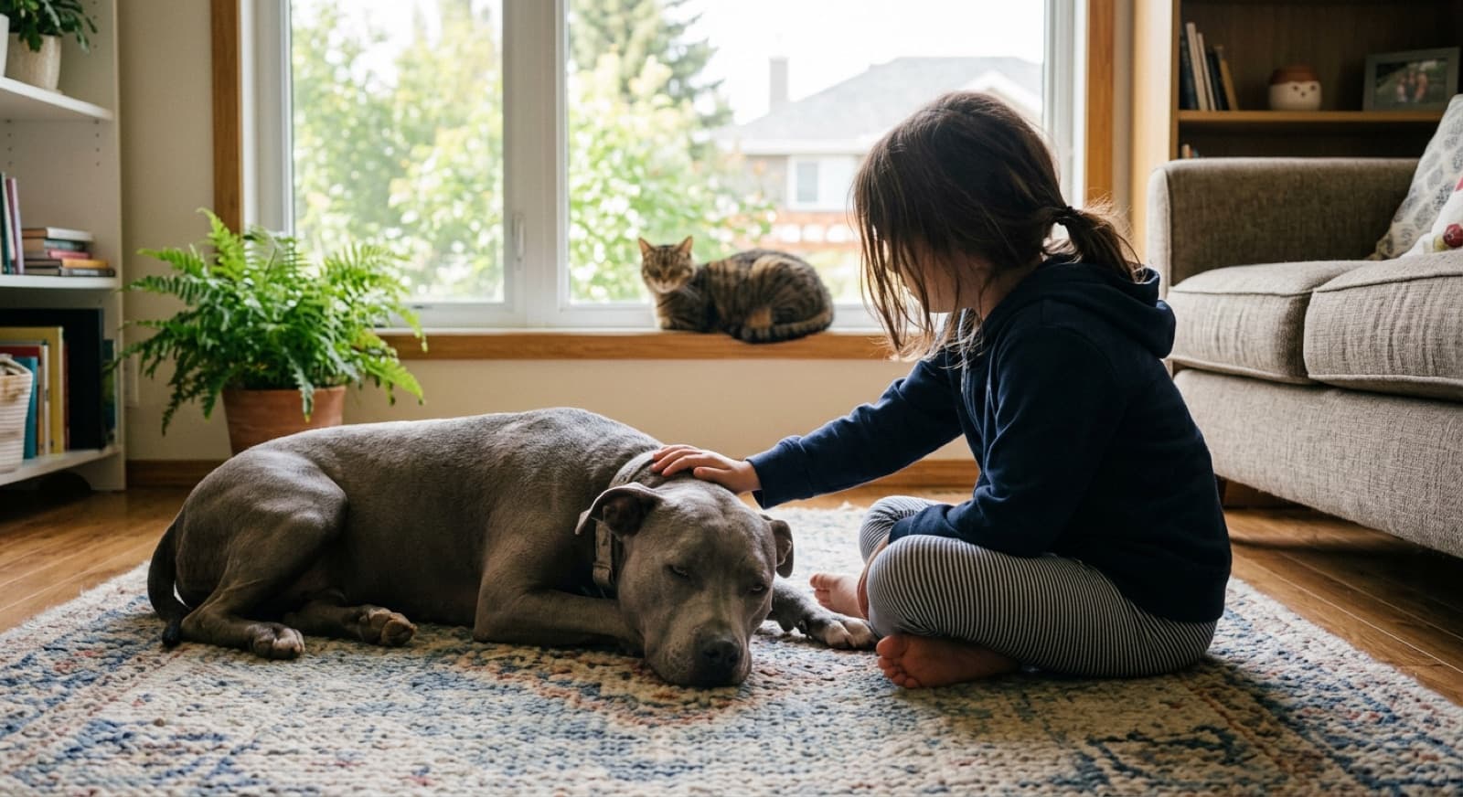 A Pit Bull-type dog resting calmly on a couch with a school-age child in a Calgary living room, illustrating supervised family fit rather than the nanny dog myth