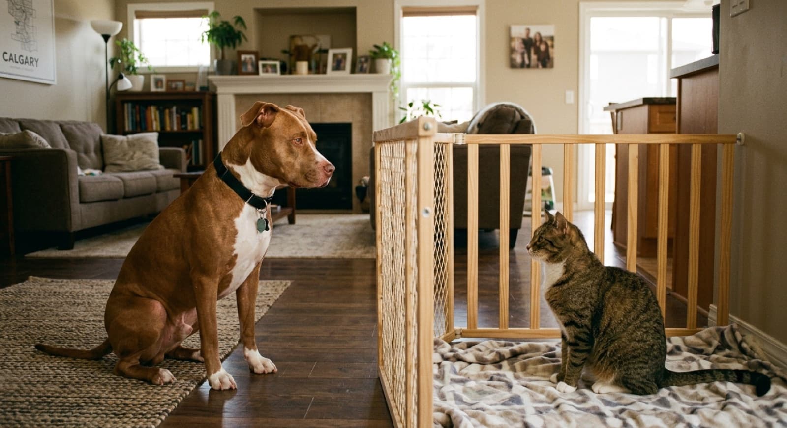 Pit Bull and a short-haired tabby cat on opposite sides of a baby gate in a Calgary living room