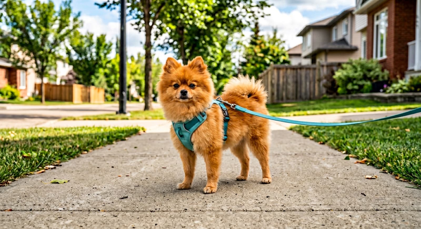 An adult orange Pomeranian wearing a soft pink H-style harness instead of a collar, standing on an Edmonton sidewalk during a calm walk, illustrating the harness-only rule that prevents tracheal damage in the breed