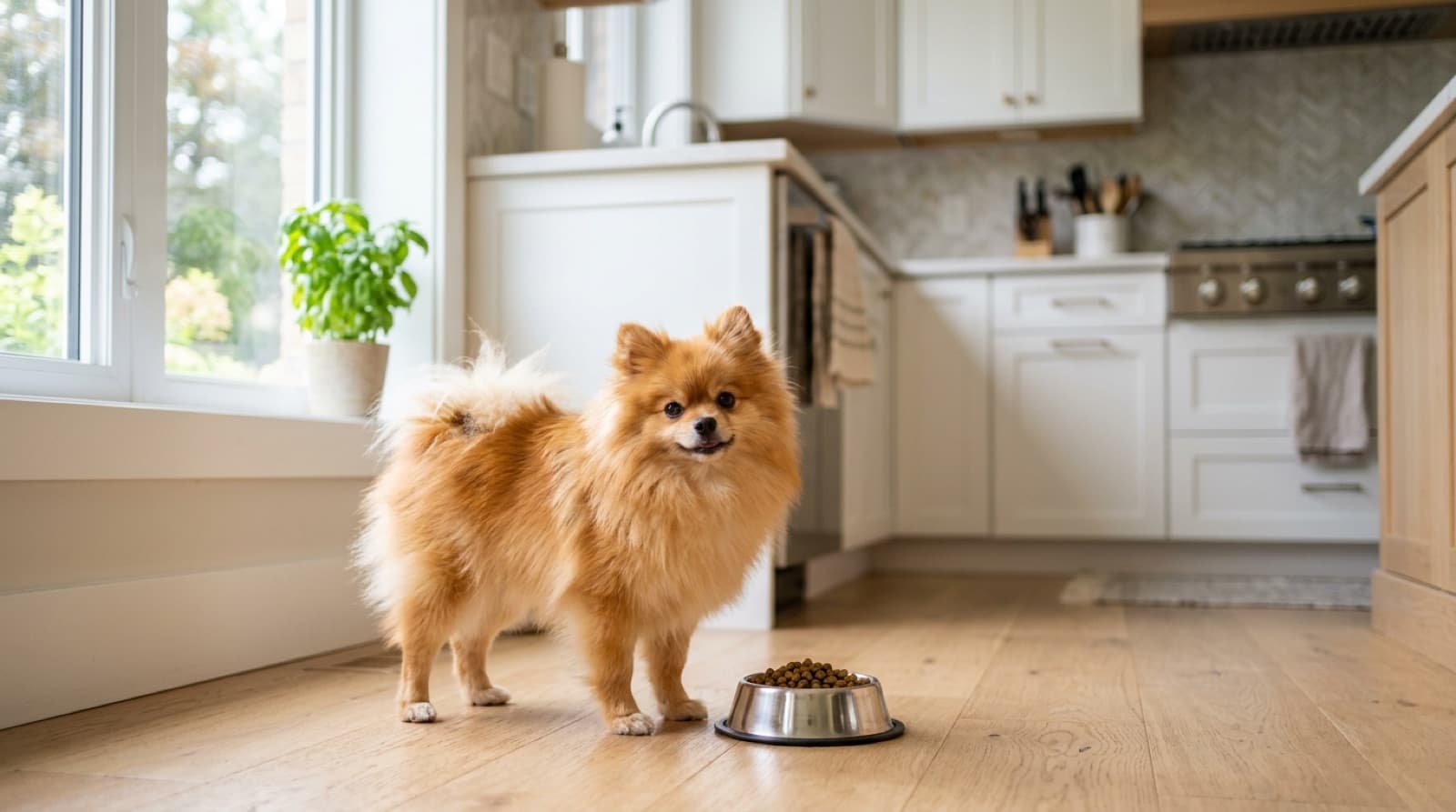 Pomeranian standing beside a small bowl of kibble in a bright home kitchen