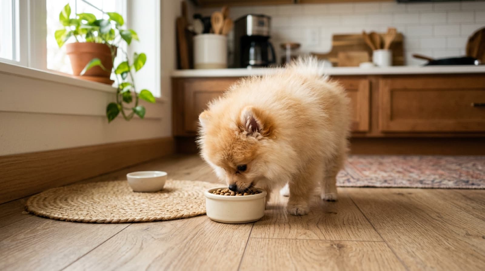Pomeranian puppy eating from a small bowl on a home kitchen floor