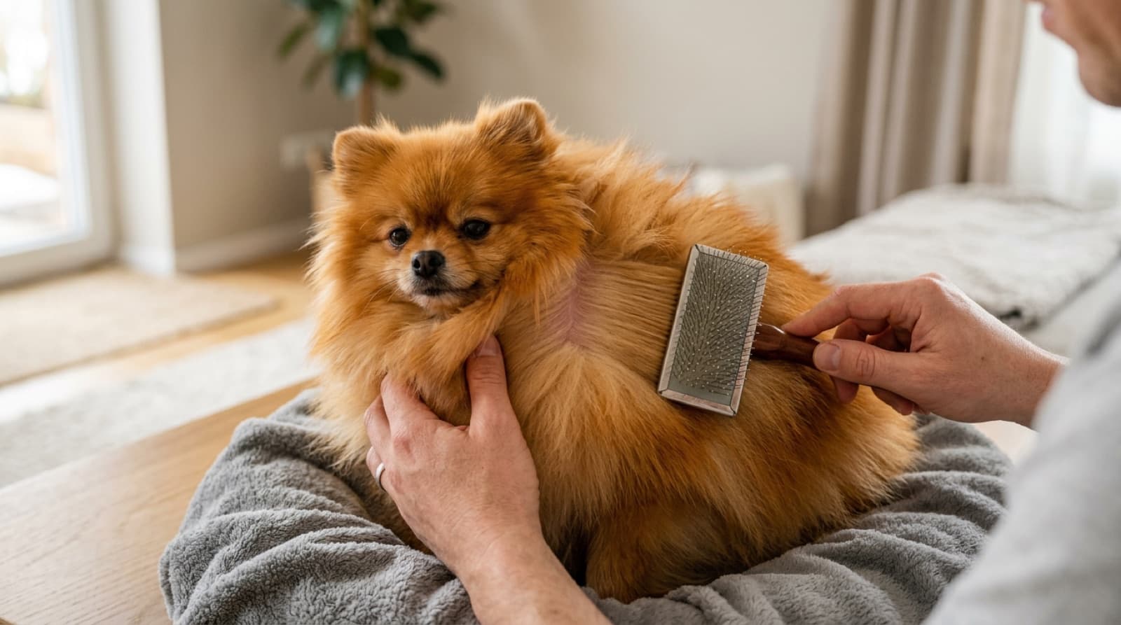 Close-up of a Pomeranian being line brushed to the skin with a slicker brush