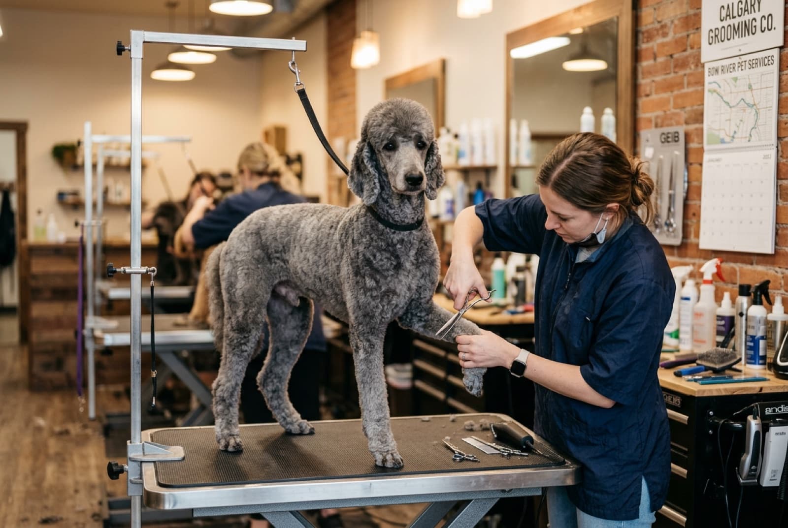 A Standard Poodle being professionally groomed at a Calgary grooming salon, showing the recurring cost reality