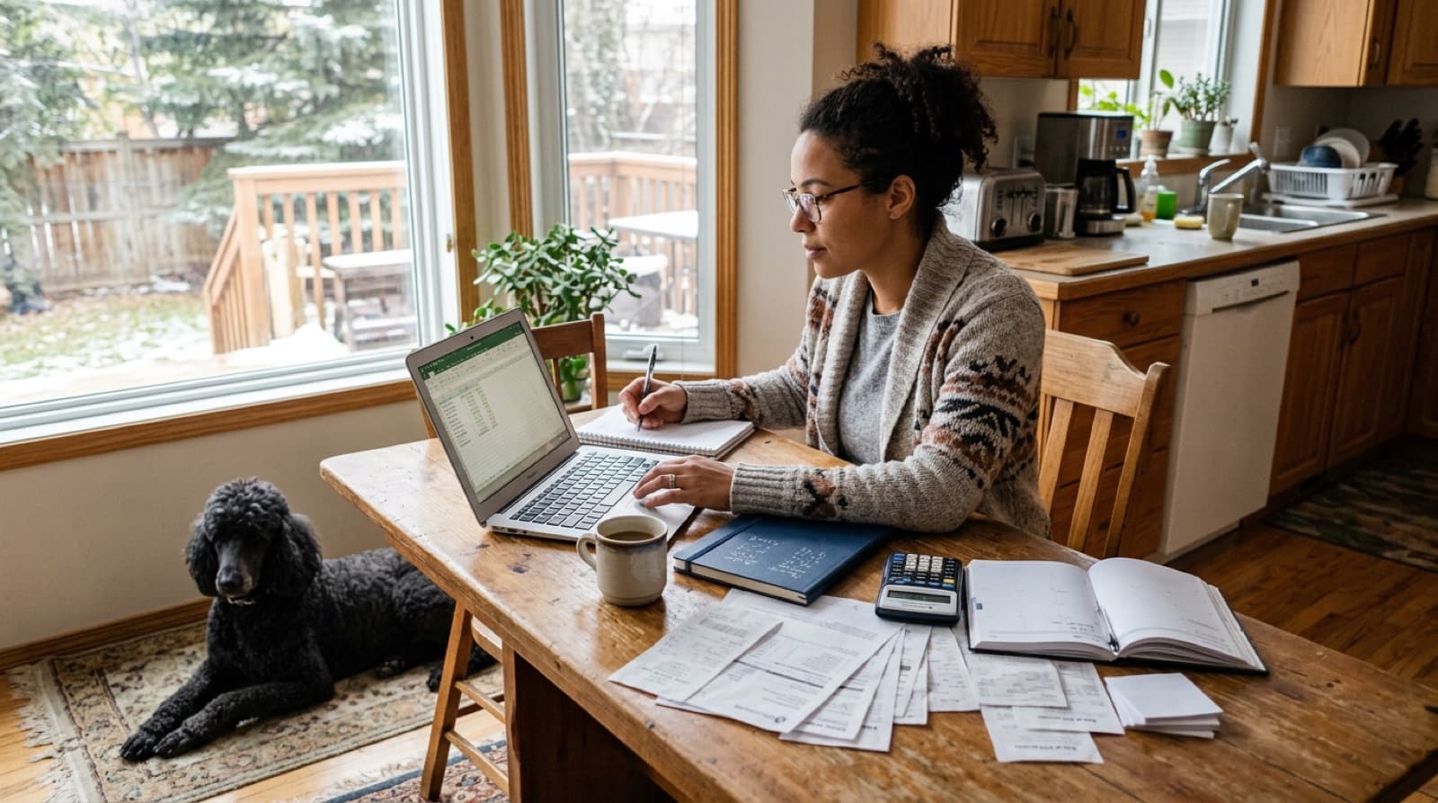 A Calgary owner reviewing finances on a laptop with a Standard Poodle next to them, illustrating the budgeting reality of Poodle ownership