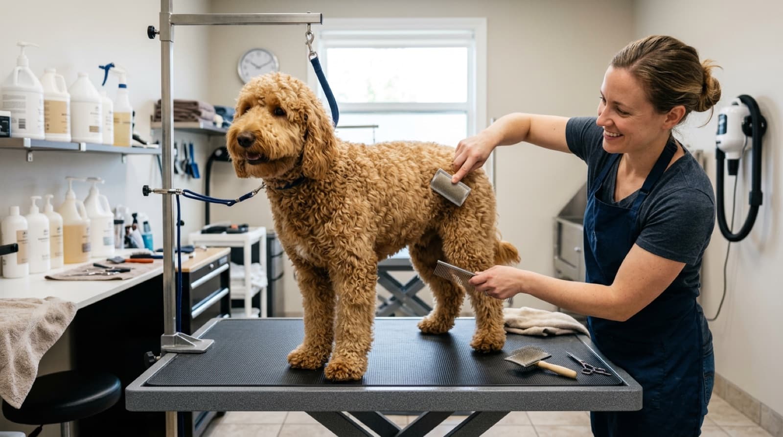 A Doodle being brushed and groomed by a person at home in Winnipeg