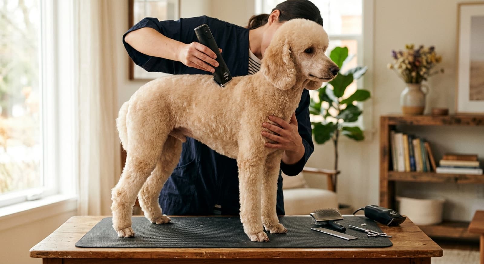 A Poodle being clipped with grooming clippers, showing a short pet clip