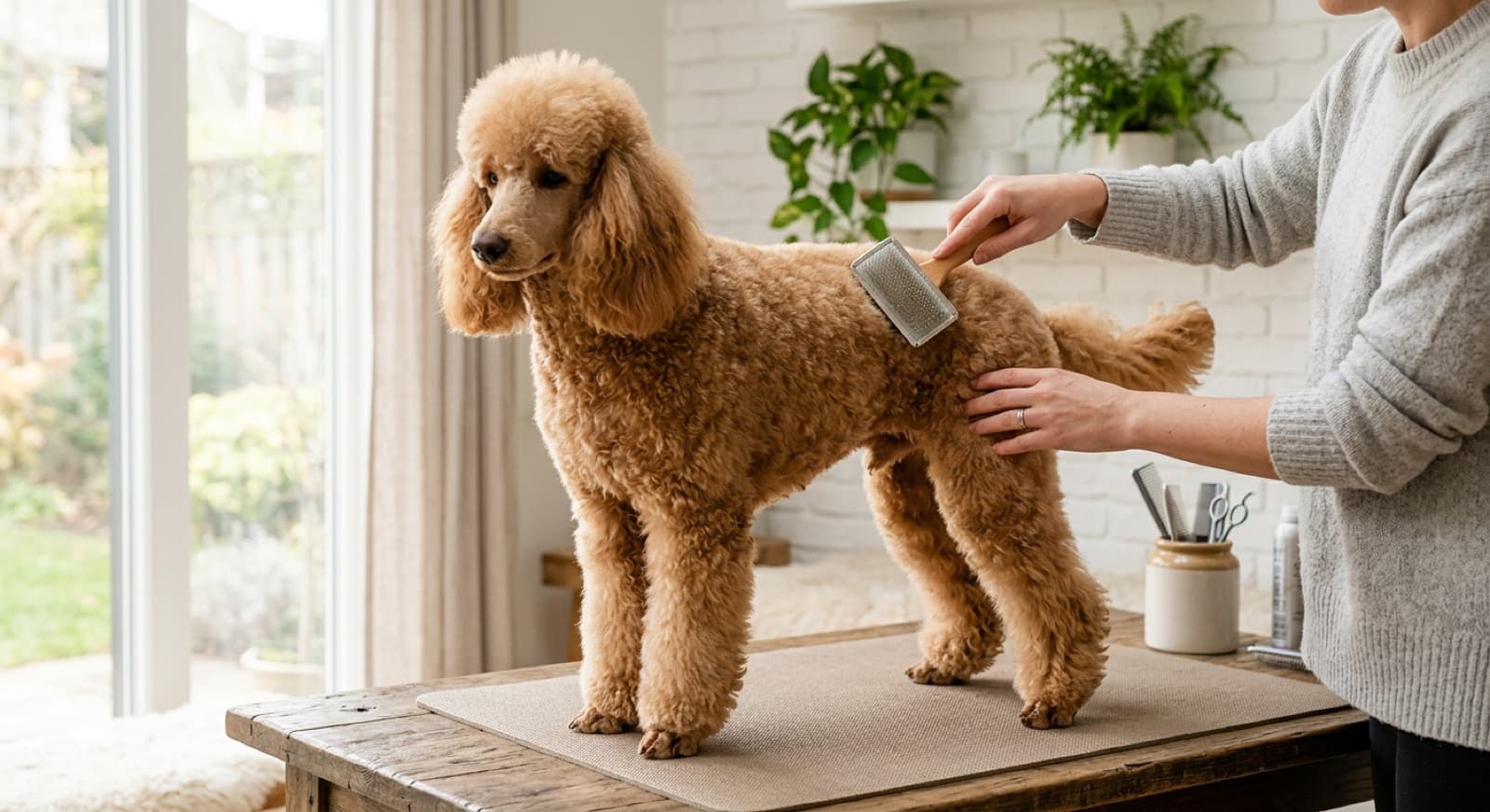 A well-groomed Poodle being brushed on a grooming table in a bright home