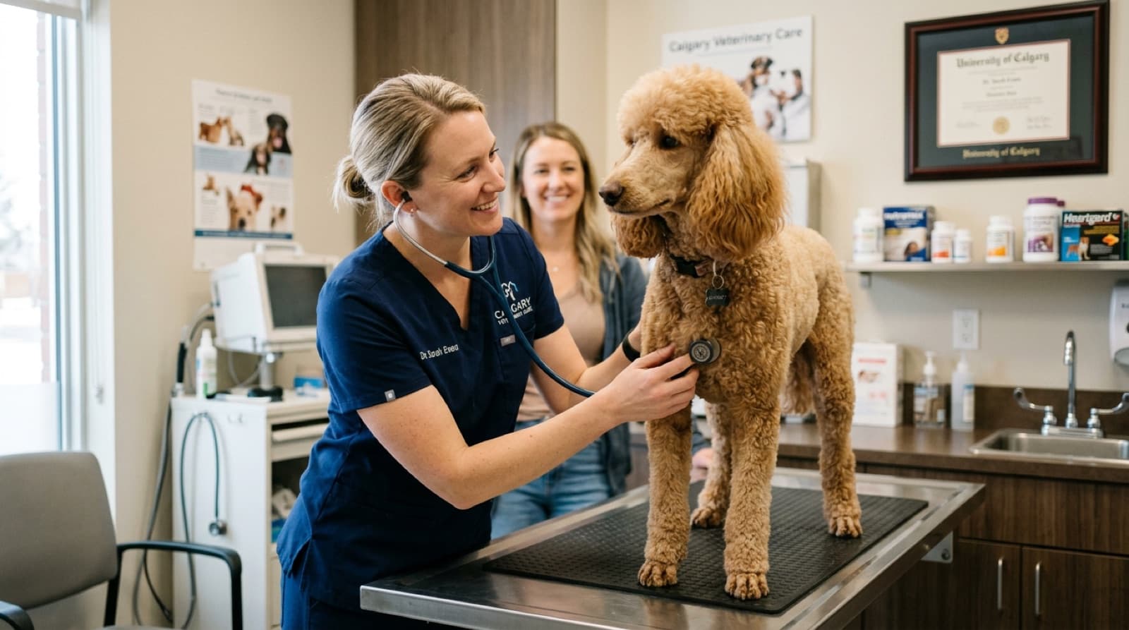 A Calgary vet examining a Standard Poodle, showing the realistic wellness-visit reality of Poodle ownership
