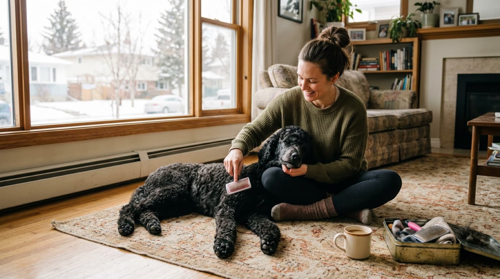 A Calgary owner brushing a Standard Poodle at home, showing the realistic daily grooming commitment