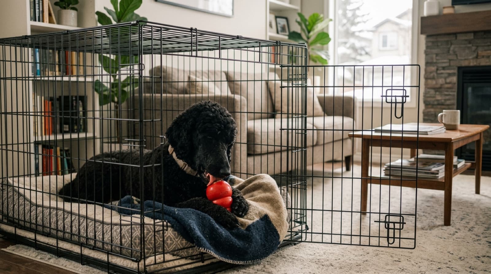 A Standard Poodle resting calmly in a crate at home with a frozen Kong, showing successful alone-time conditioning