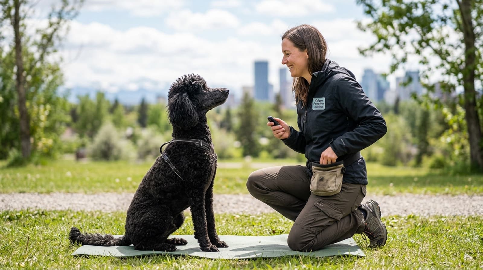 A Standard Poodle in a calm focus position with a Calgary force-free trainer holding a clicker and treat pouch