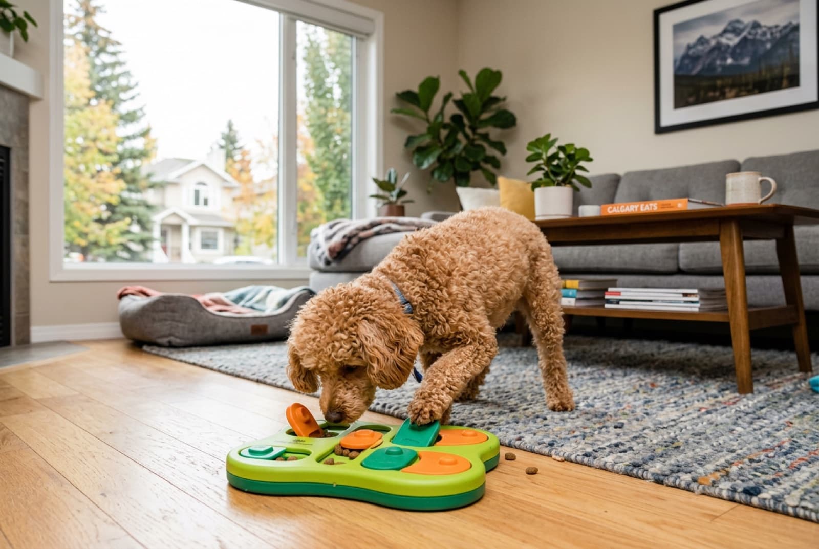 A Miniature Poodle solving a puzzle feeder, demonstrating mental enrichment for the breed