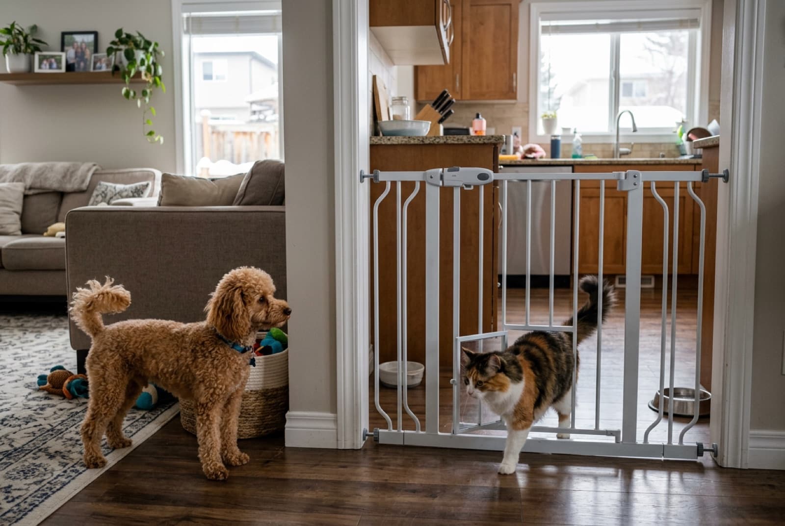 A baby gate setup in a Calgary home separating a Poodle from a cat during the early introduction phase