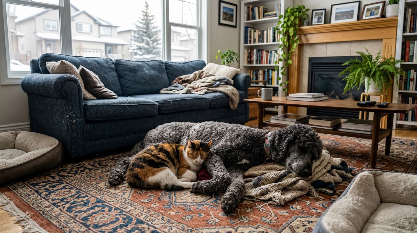 A Standard Poodle and a calico cat resting peacefully in the same Calgary living room, showing successful cross-species co-existence