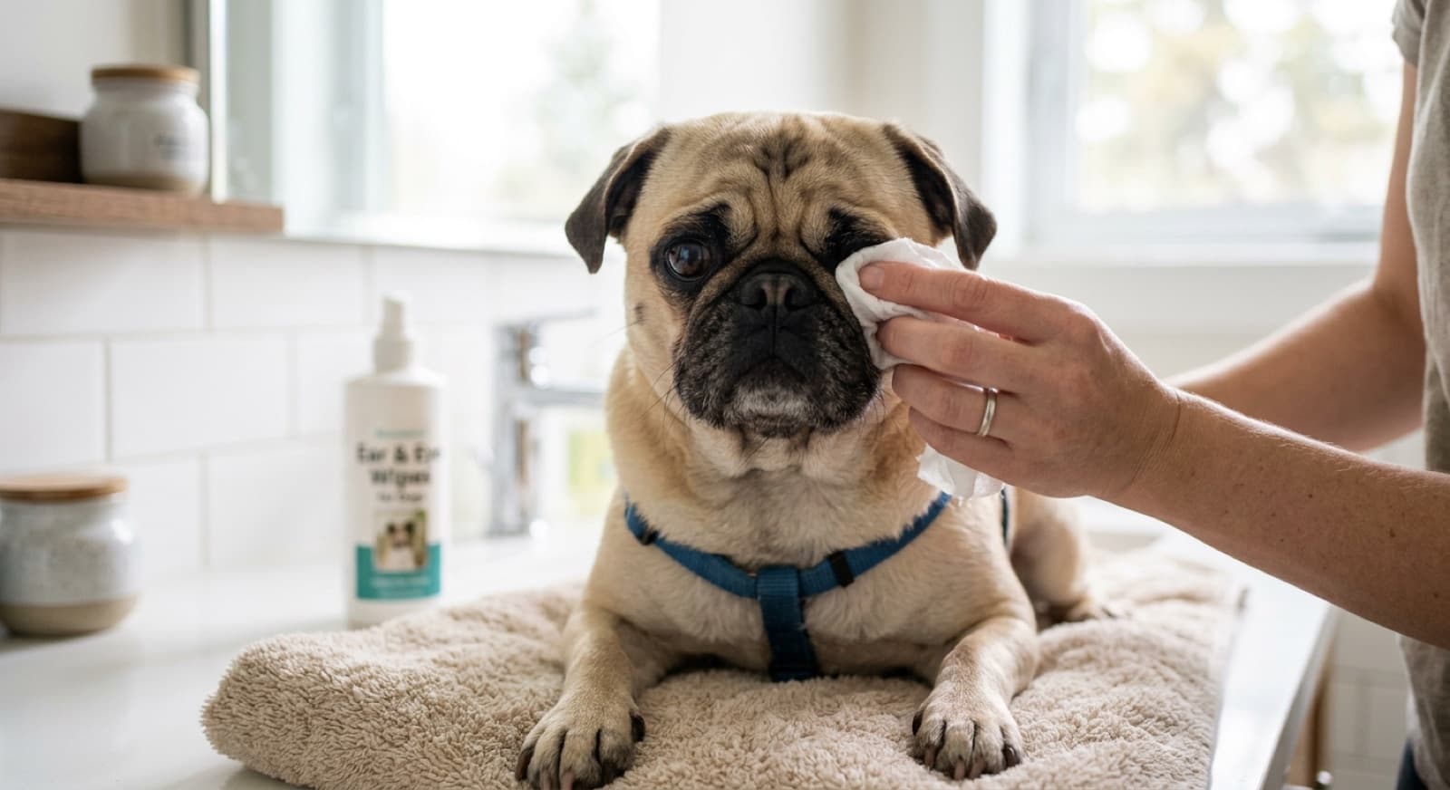 A fawn Pug being gently wiped around the eyes with a soft damp cloth by an owner during a daily 30-second eye-care routine in a bright Edmonton bathroom