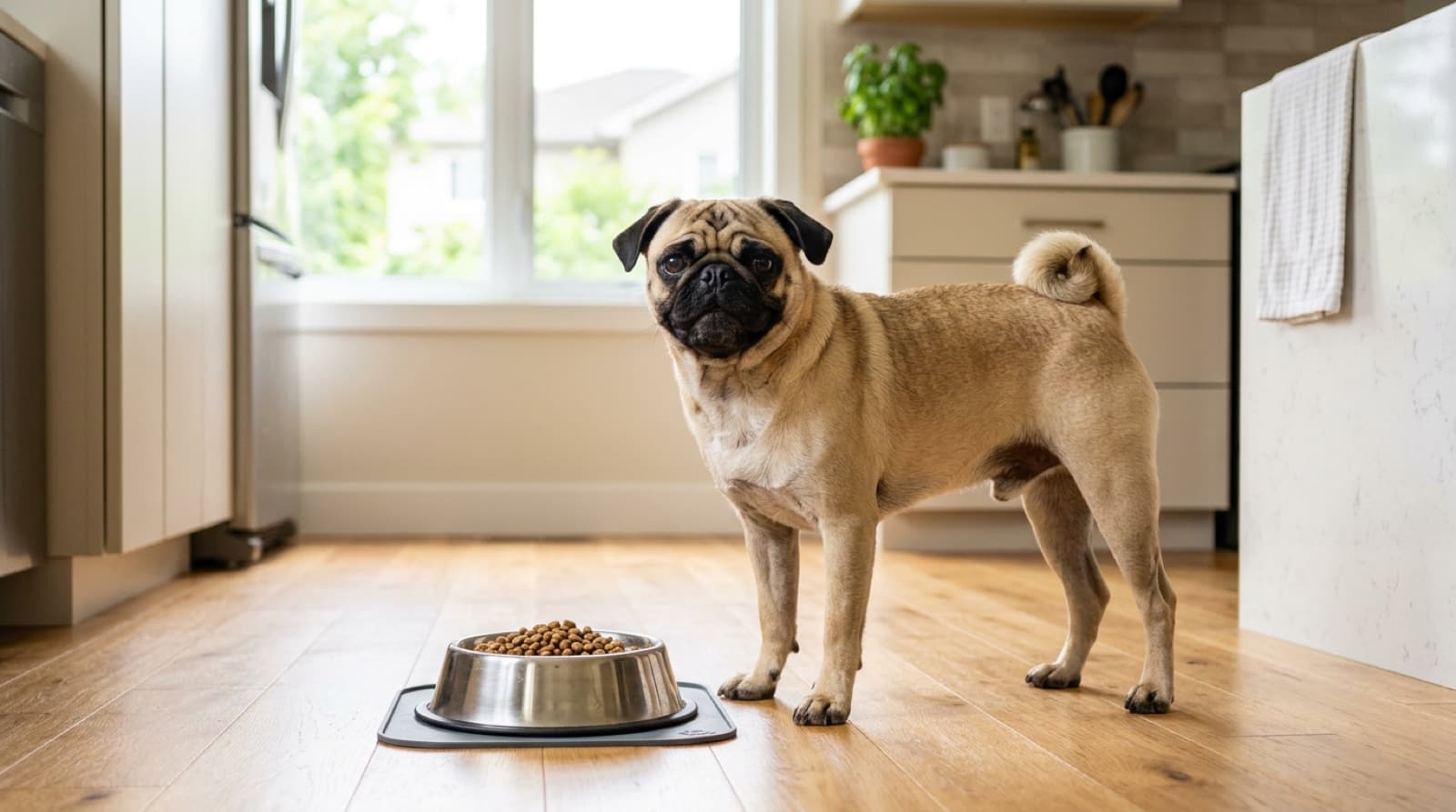 Pug standing beside a bowl of food in a bright home kitchen