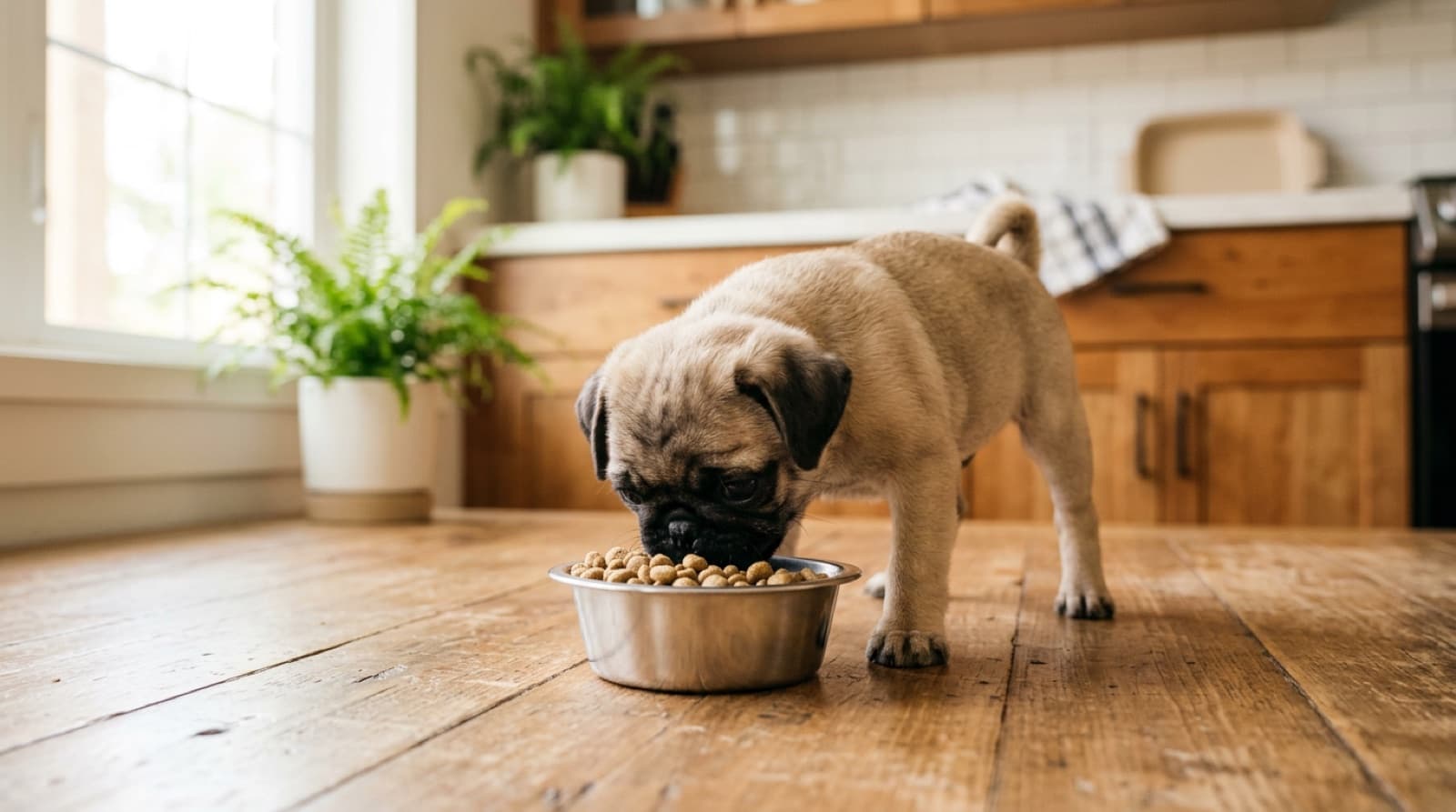 Pug puppy eating from a bowl on a home kitchen floor