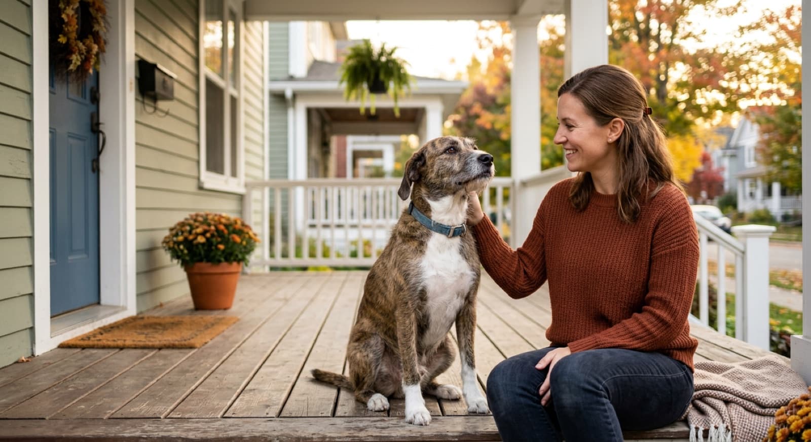 A happy adult rescue dog sitting beside its owner on a porch at home, waiting calmly to meet a new adoptive family