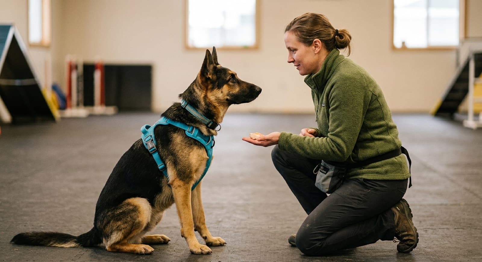 A force-free Calgary trainer working with a rescue German Shepherd using positive reinforcement and high-value treats, demonstrating the approach for trauma-history dogs