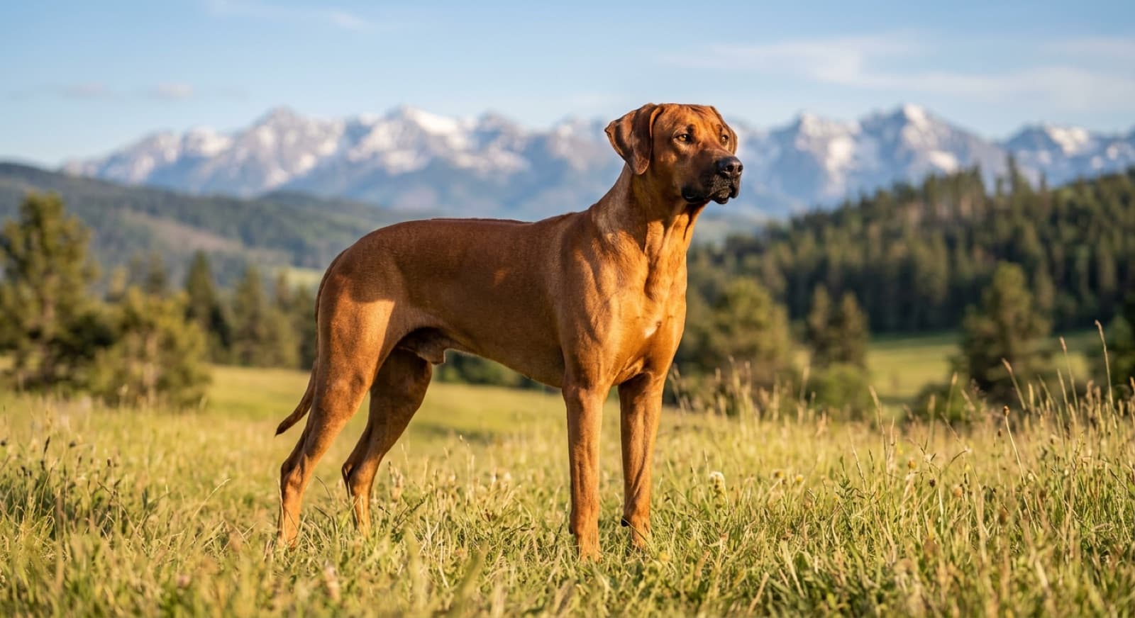A muscular red-wheaten Rhodesian Ridgeback standing alert in a grassy Calgary park on a sunny day, the ridge visible along its back, mountains in the distance