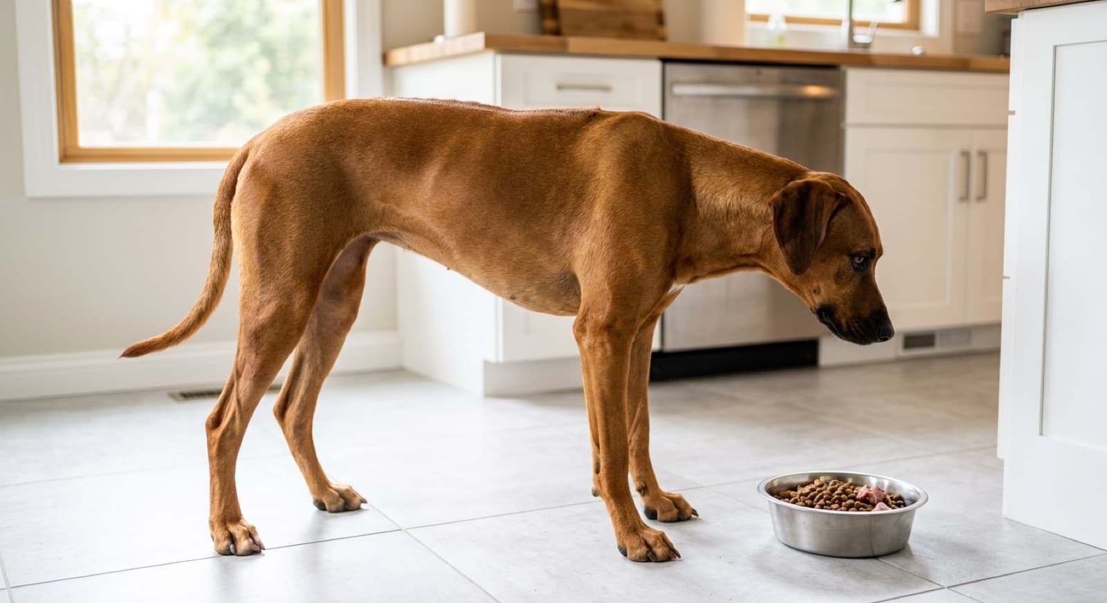 Lean Rhodesian Ridgeback standing beside a bowl of kibble in a bright home kitchen